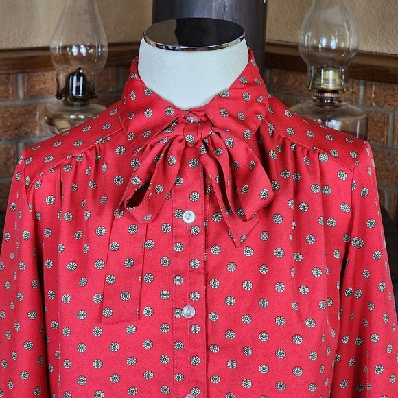 Vintage Cadisport Red Button Front Blouse with Detachable Bow - Picture 1 of 5